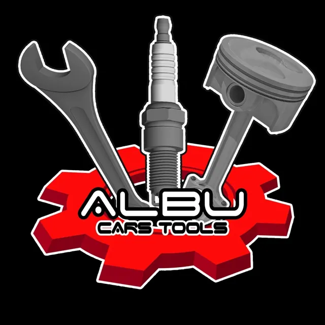 Sigla Albu Cars Tools: cheie, bujie și piston pe o roată dințată roșie
